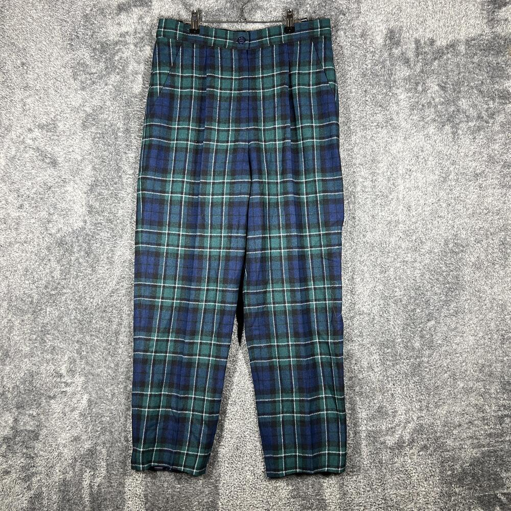 Pendleton Pants Womens 10 Green Plaid Wool Flannel Tapered Pleated Ankle